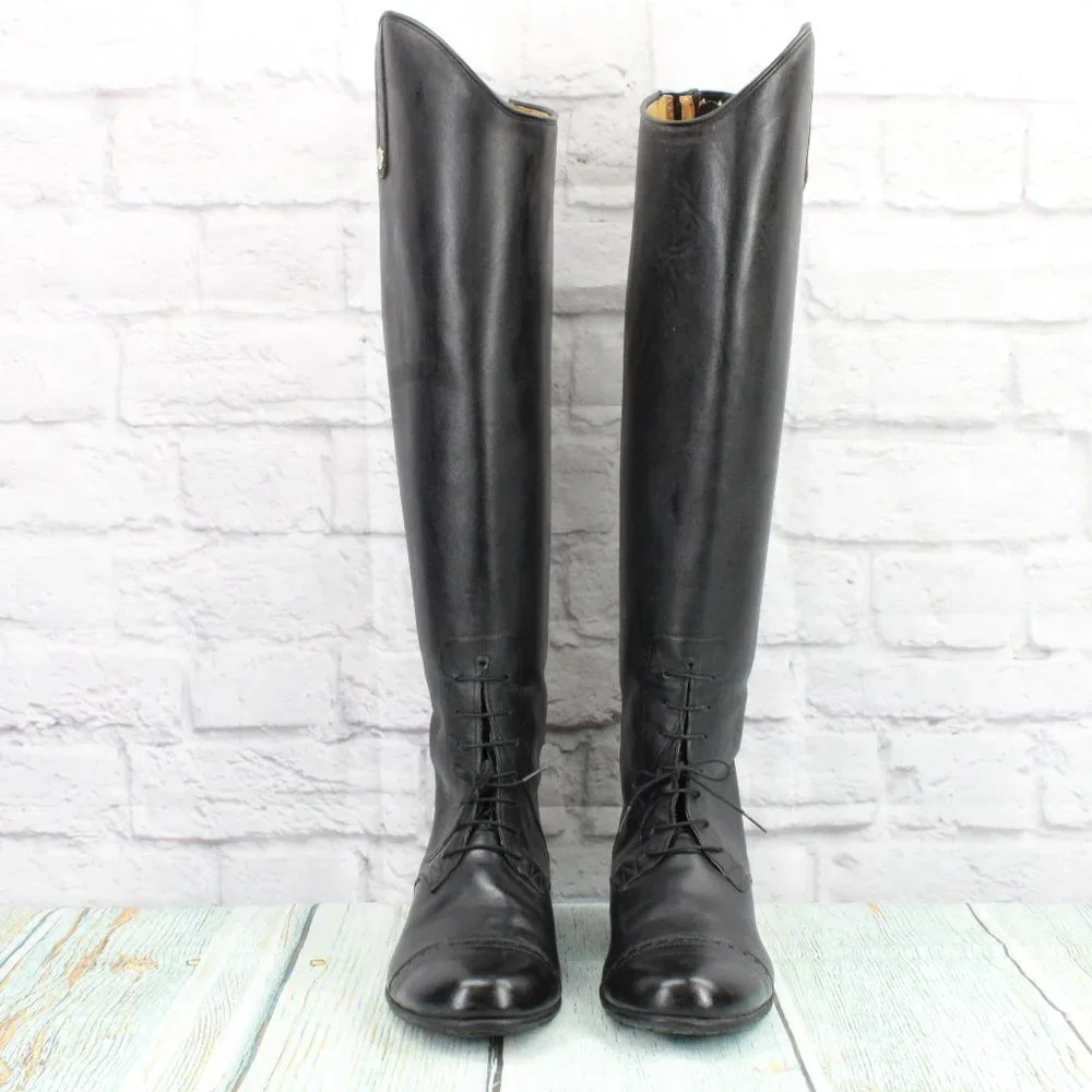 *Unbranded Black Leather Pull On Cap Toe Back Zipper Tall Boots Size 10.5 - Picture 4 of 9